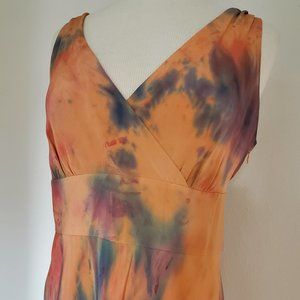 Silk Short Dress large 10 12 14 XL bridesmaid tie dyed party peach blue purple